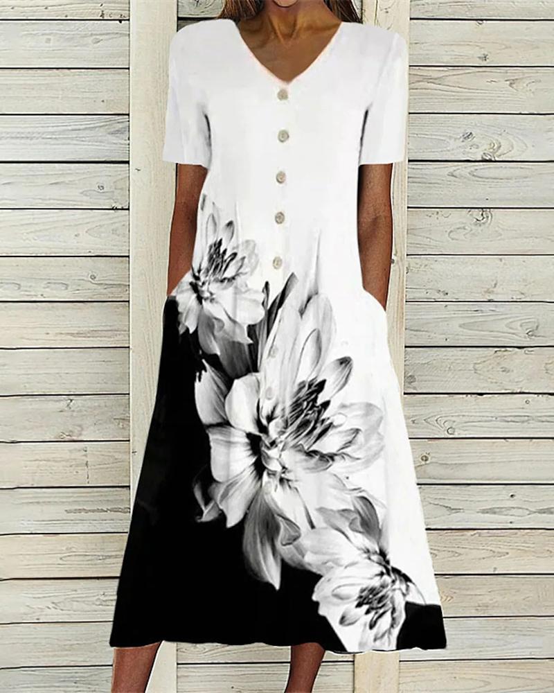 

Pocket Design Colorblock Floral Print Casual Dress, White