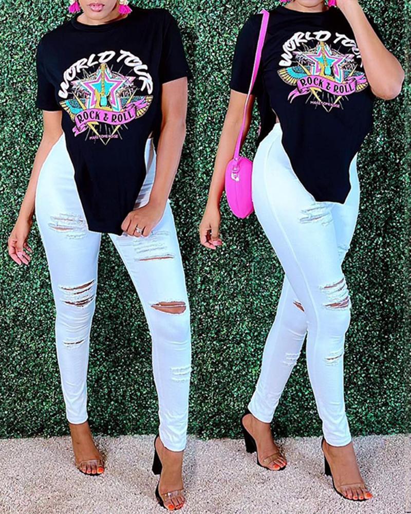 

Letter Star Print Split Hem T-shirt, Black