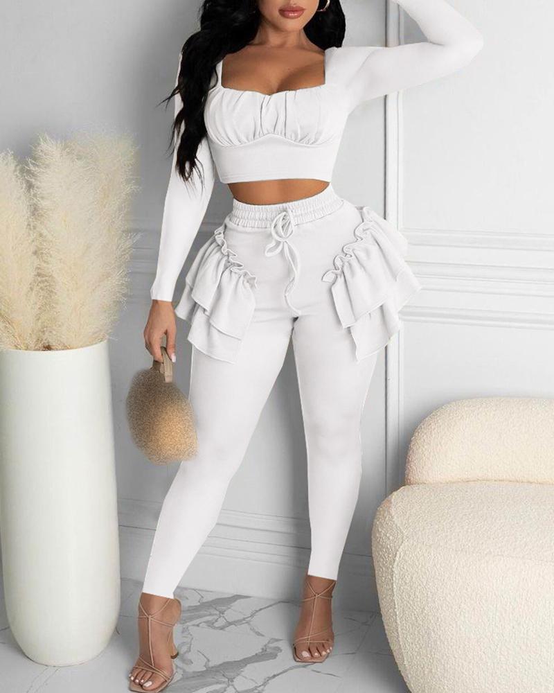 

Ruched Crop Top & Ruffles Frill Hem Pants Sets, White