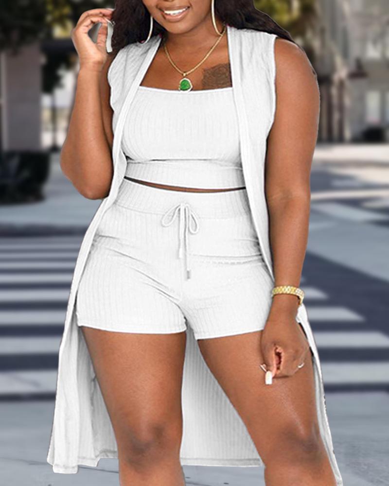 

Plus Size 3PCS Ribbed Crop Tank Top & Shorts Set With Vest Coat, White