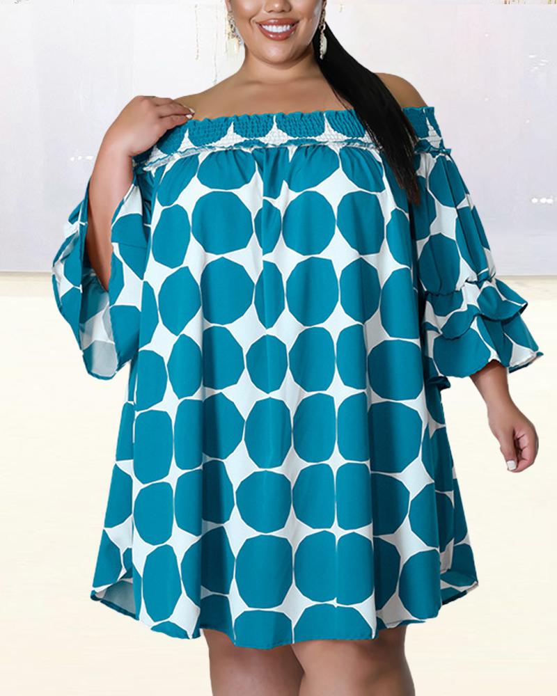 

Plus Size Polka Dot Print Off Shoulder Swing Dress, Blue