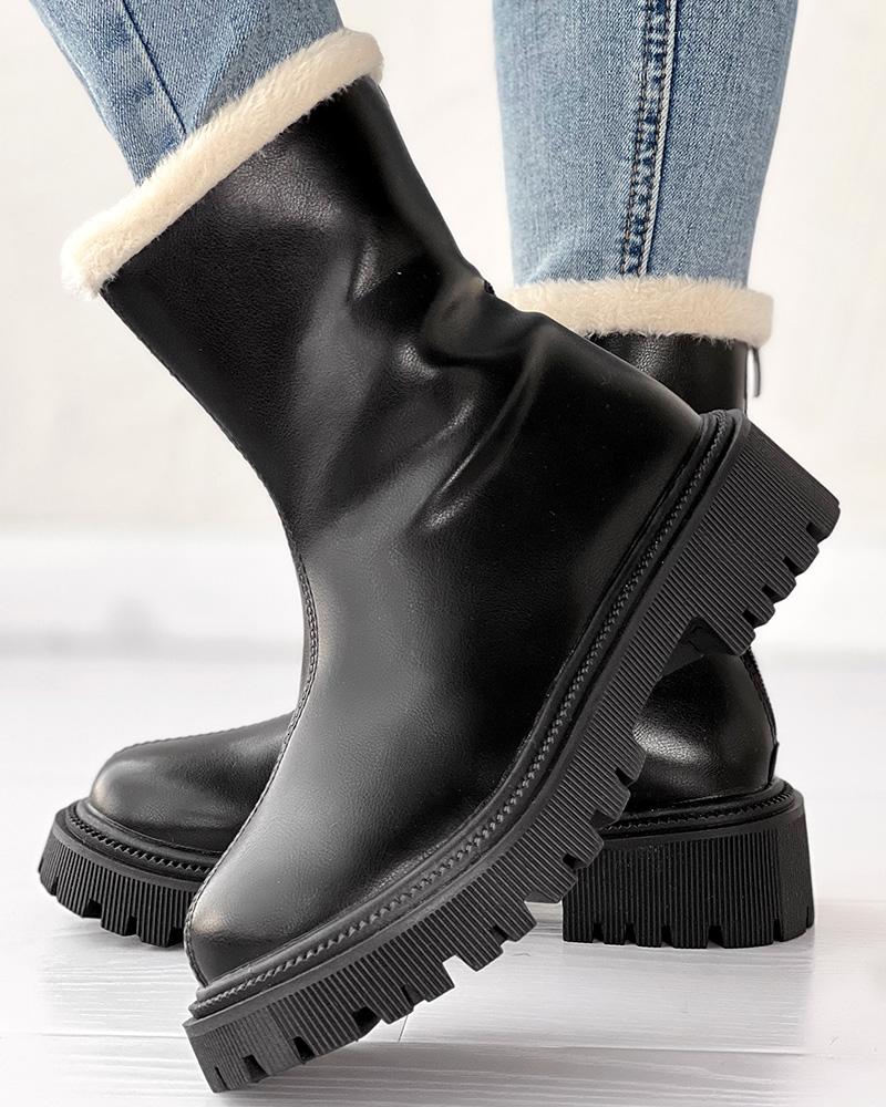 

Zipper Design Fuzzy Detail Lined Winter Boots, Black