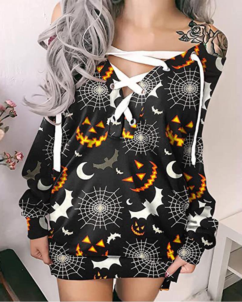 

Halloween Graphic Bat Print Eyelet Lace-up Sweatshirt Dress, Black