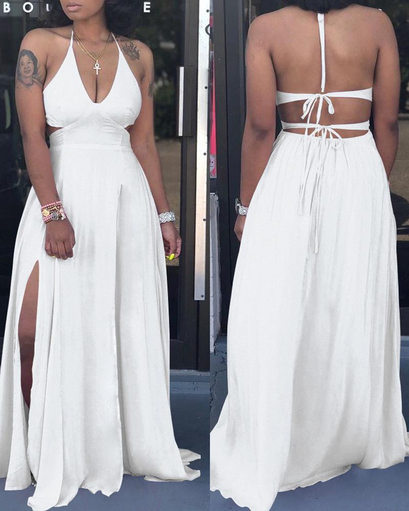 

Halter Backless High Slit Maxi Dress, White