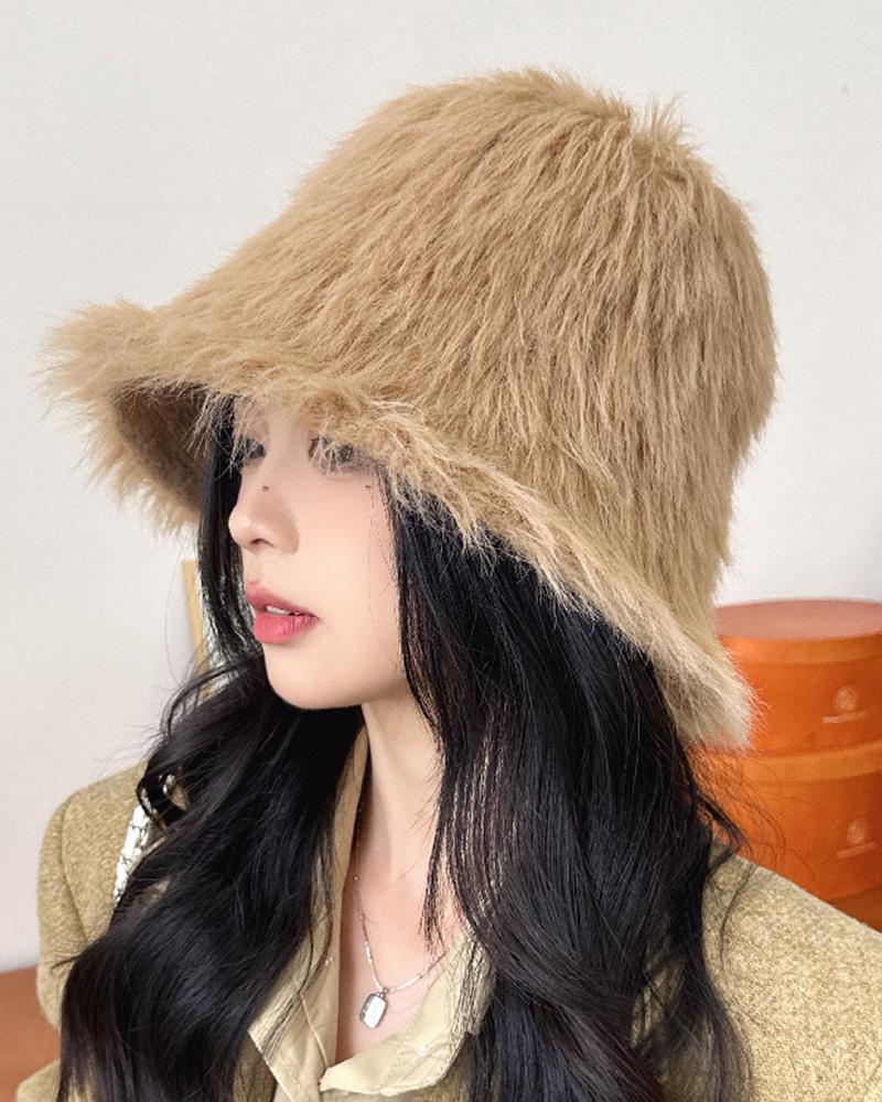 

Faux Fur Fluffy Wram Bucket Hat, Khaki