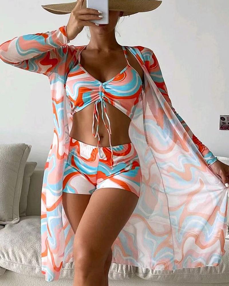 

Conjunto de bikini con cordón y estampado abstracto de 3 piezas con cubierta, Orange