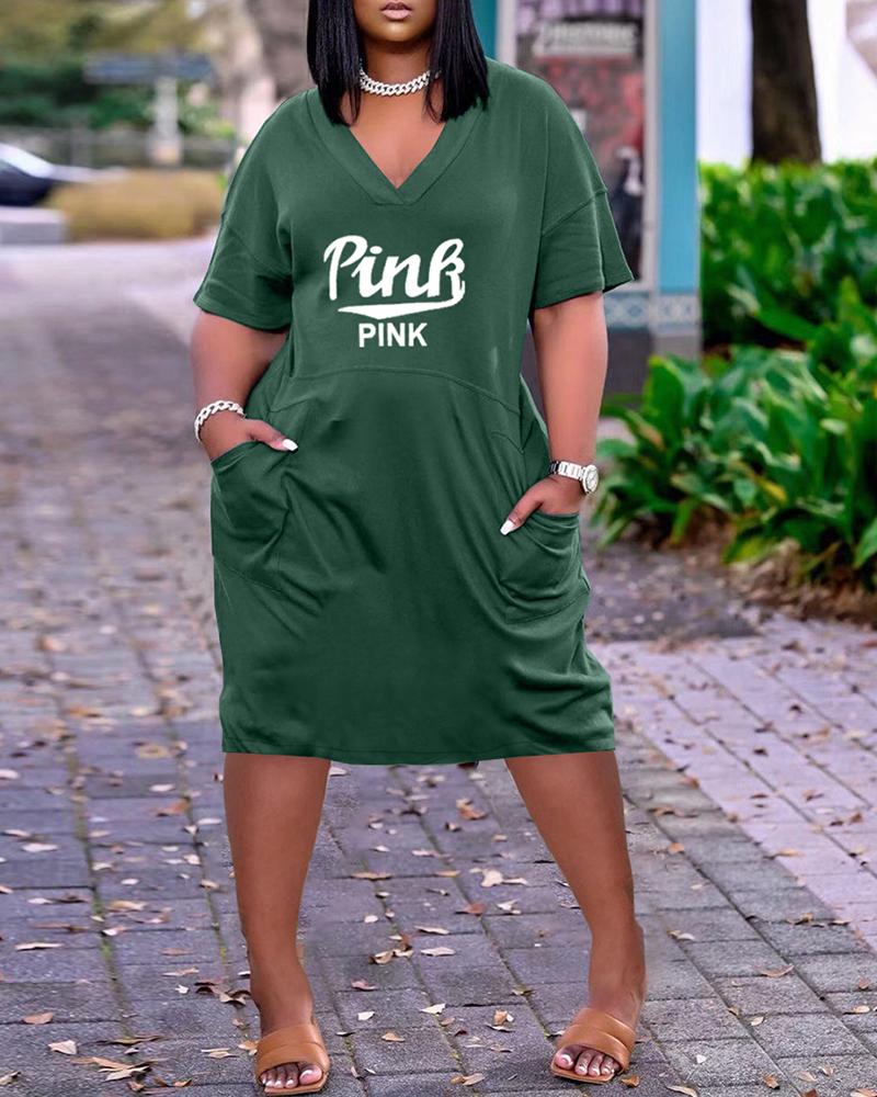 

Letter Print Pocket Design Short Sleeve Casual Dress, Green