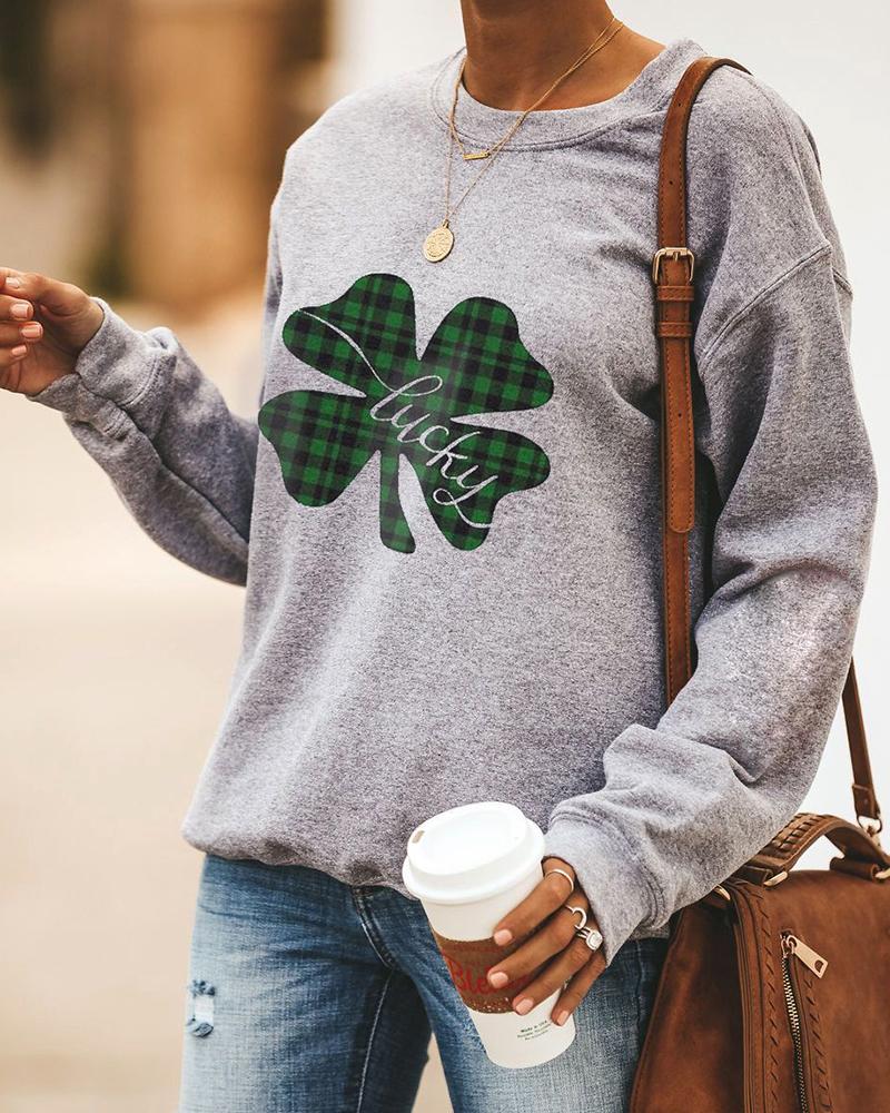 

St.Patrick's Day Letter Four Leaf Clover Print Long Sleeve Sweatshirt, Style1