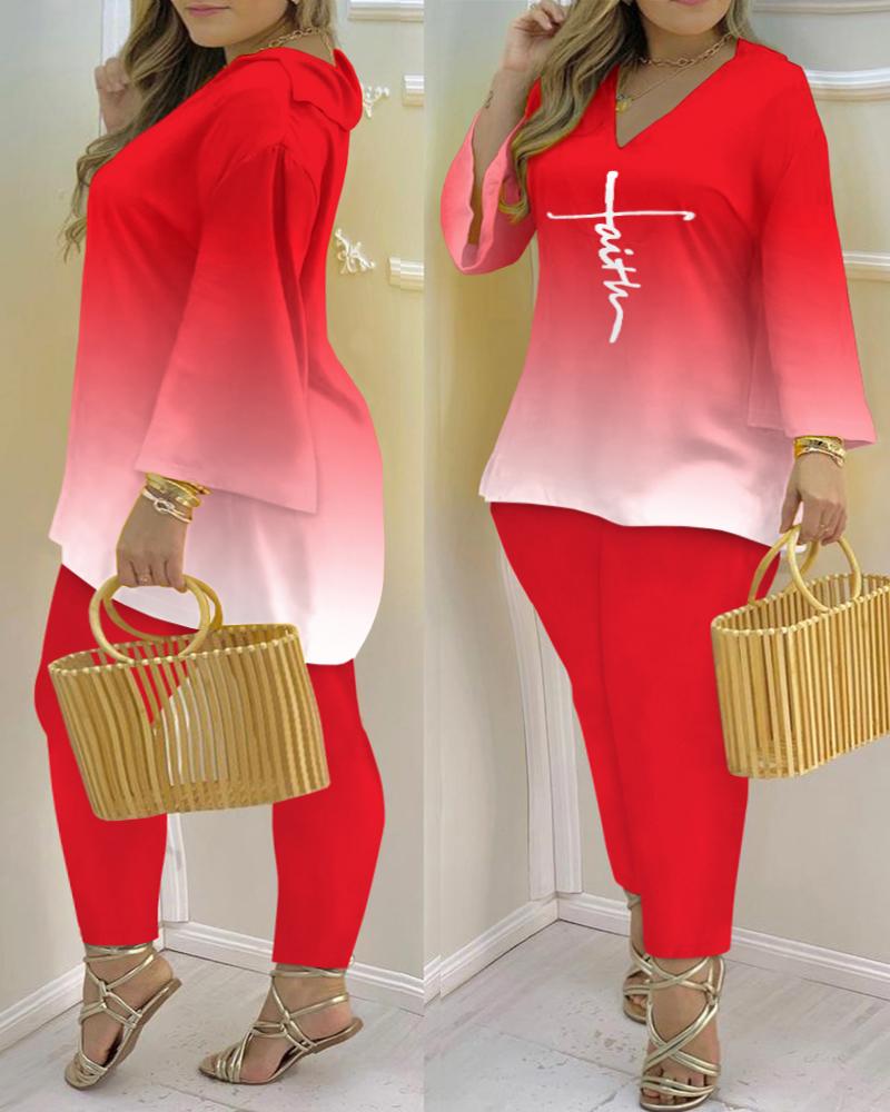 

Plus Size Faith Print Ombre Bell Sleeve Top & Pants Set, Red