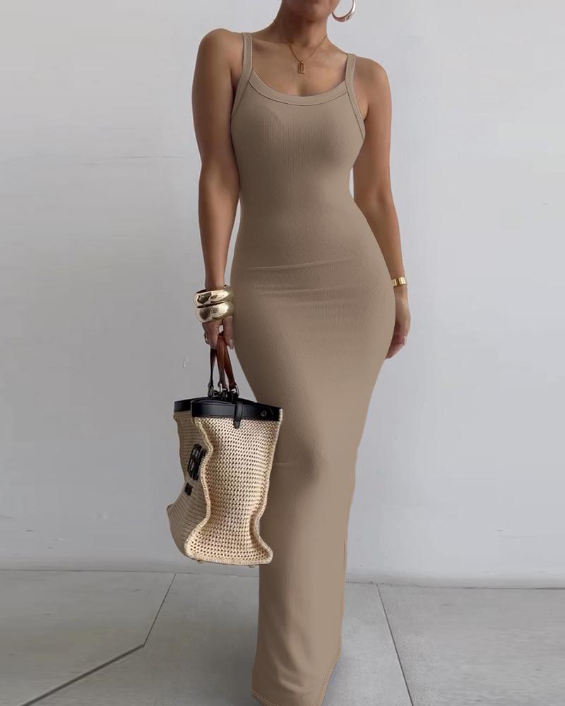 

Spaghetti Strap U-Neck Casual Maxi Dresses Slim Fit Cami Dress Party Club Bodycon Dress, Coffee