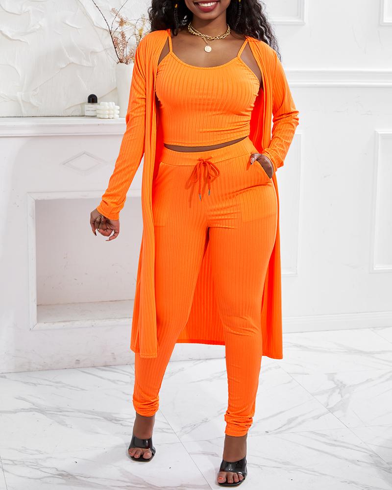 

3PCS Ribbed Cami Top & Pants Set With Longline Coat, Orange