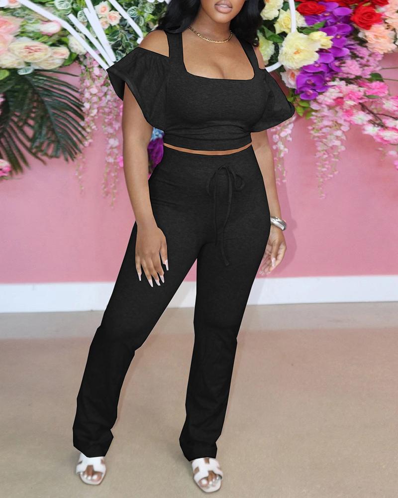 

Cold Shoulder Ruffles Top & Drawstring Pants Set, Black