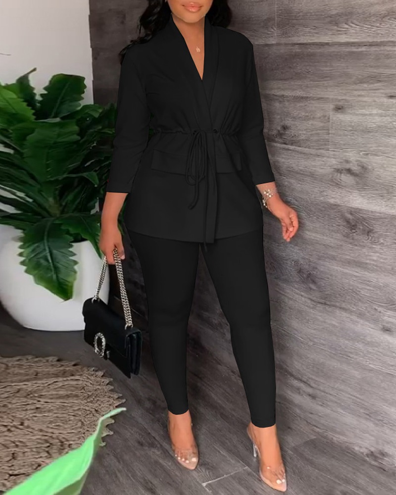 

Long Sleeve Drawstring Blazer & Pants Set, Black