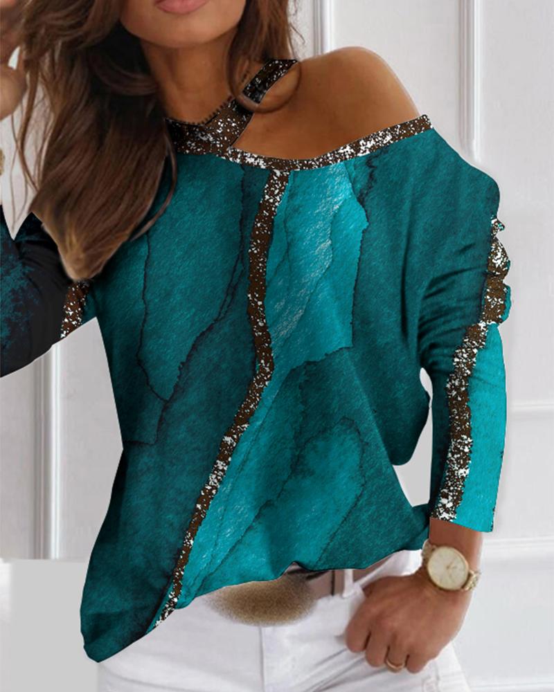 

Marble Print Cold Shoulder Top, Green