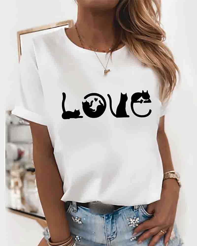 

Butterfly / Letter Cat Print Round Neck Tops Cotton Basic T-shirt, Style2