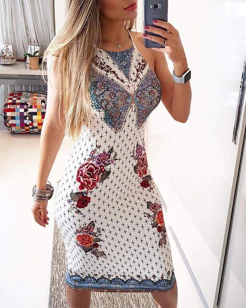 

Floral Print Halter Bodycon Cami Dress, White