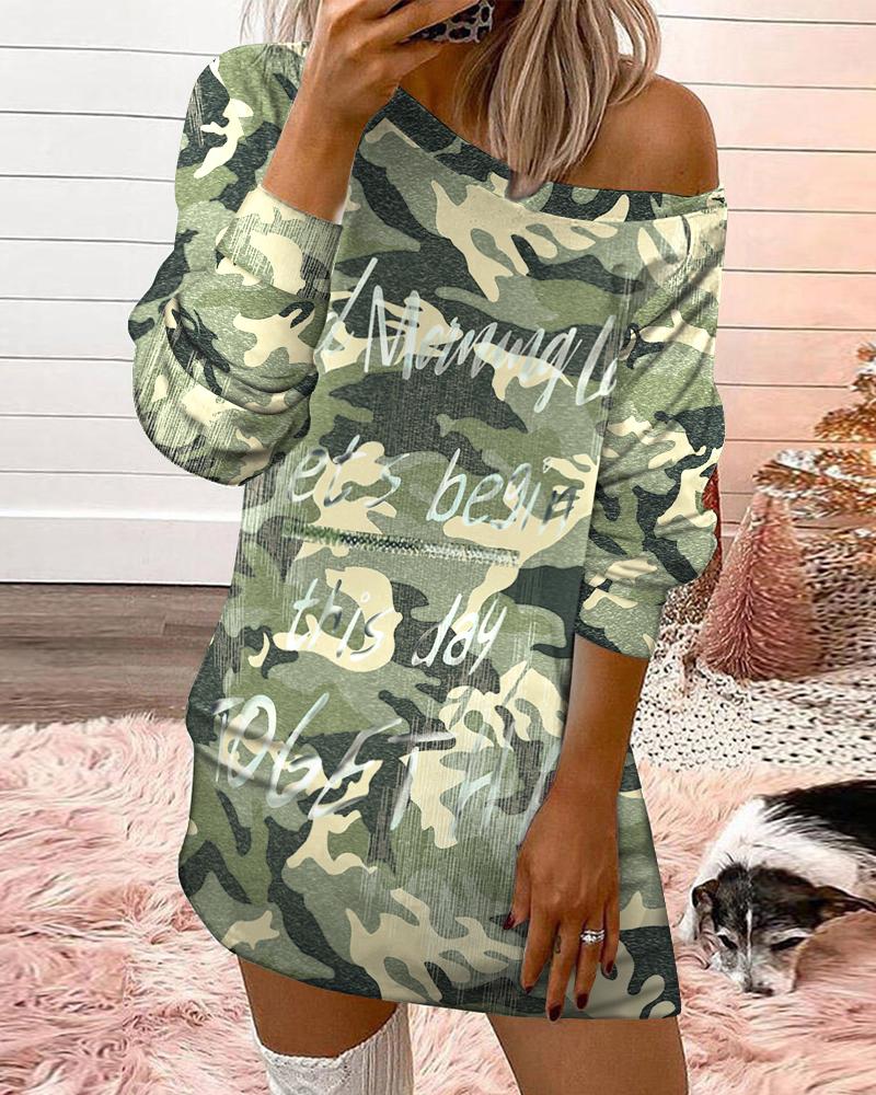 

Camo Letter Print Long Sleeve Sweatshirt Dress, Camoflage