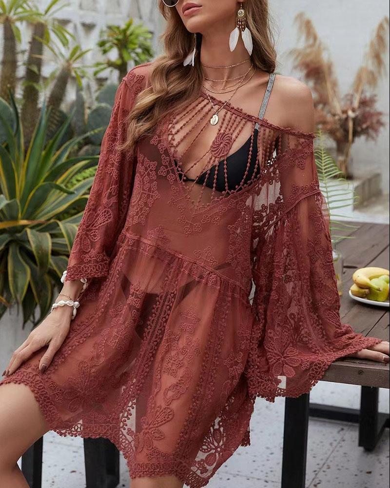 

Cutout Crochet Lace Sheer Mesh Cover Up, Wine red