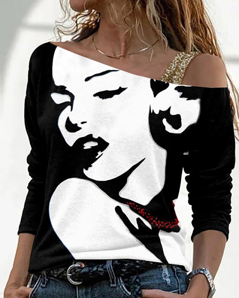 

Cold Shoulder Double Band Figure Print Top, White