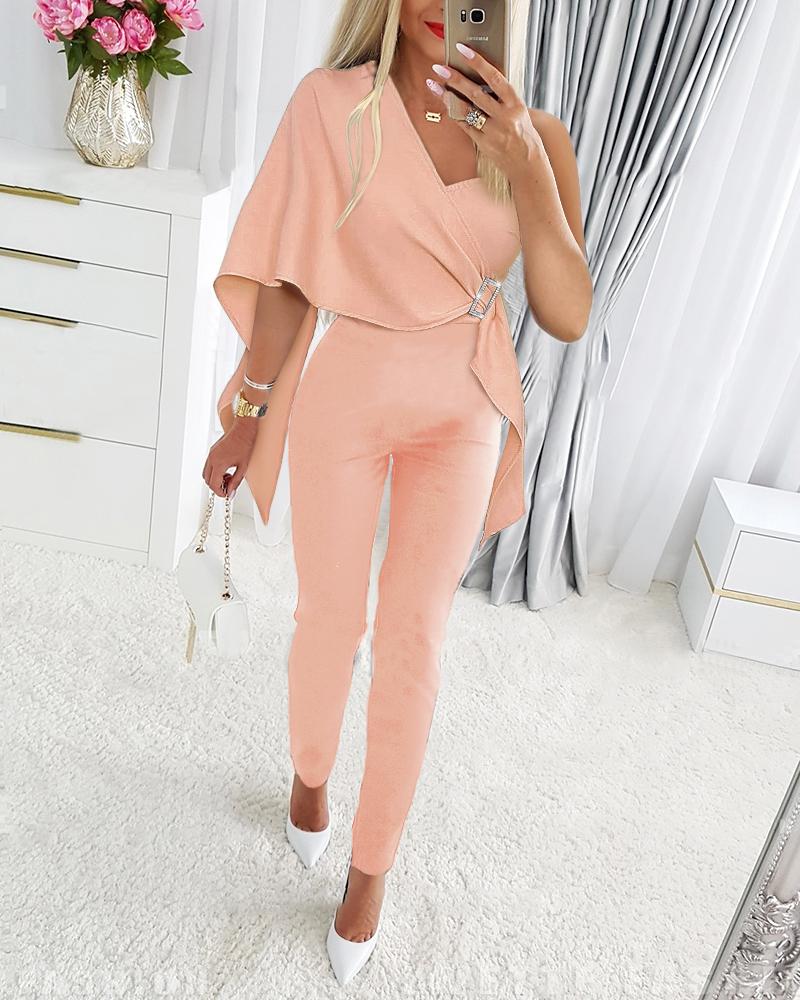 

Patchwork Buckle Decor One Shoulder Jumpsuit, Pink