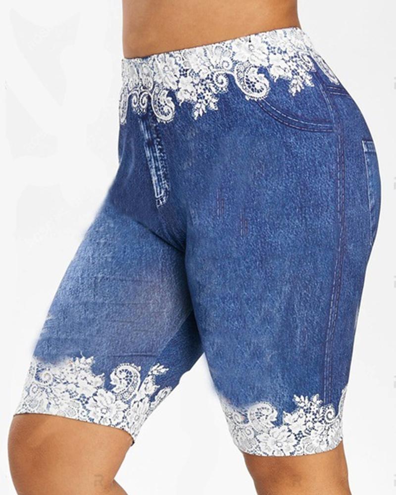 

Women' Faux Denim Printed Solid Color Splicing Lace Sport Active Shorts, Lighted blue