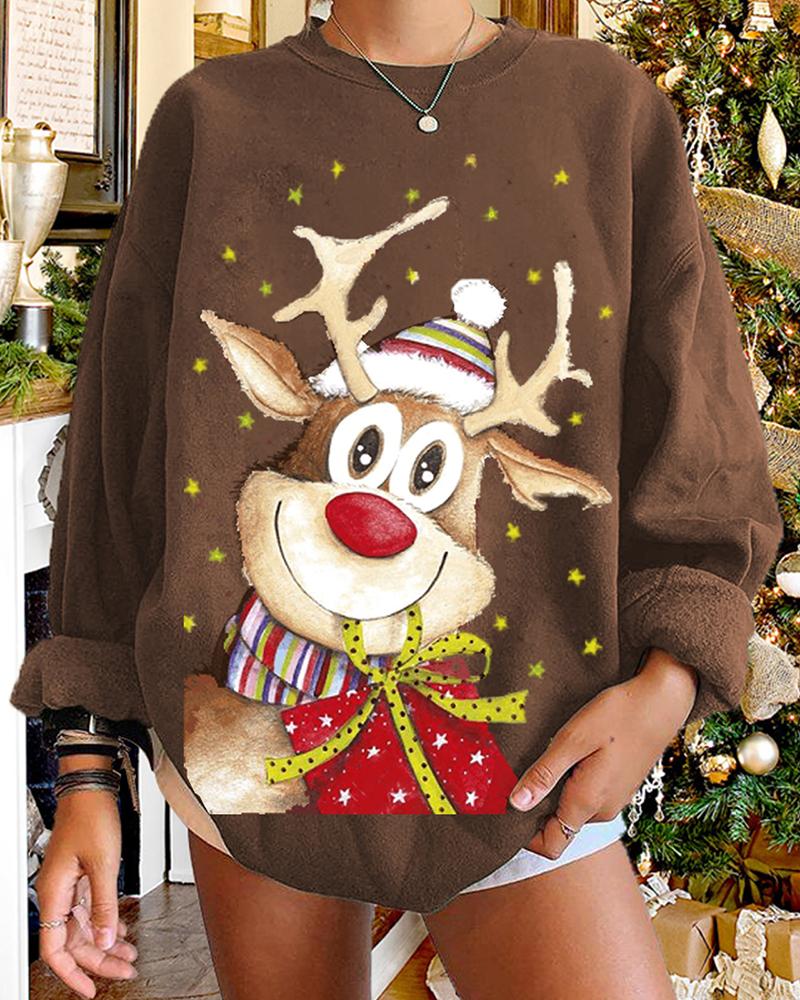 

Christmas Star Elk Print Long Sleeve Sweatshirt, Coffee