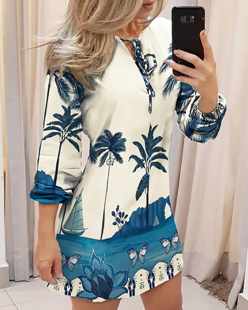 

Tropical Print Tie Front Long Sleeve Dress, Beige