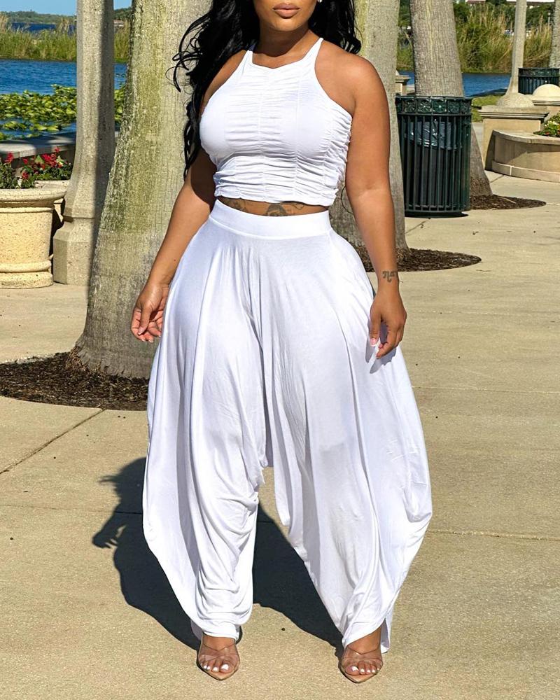 

Ruched Crop Top & Harem Pants Set, White
