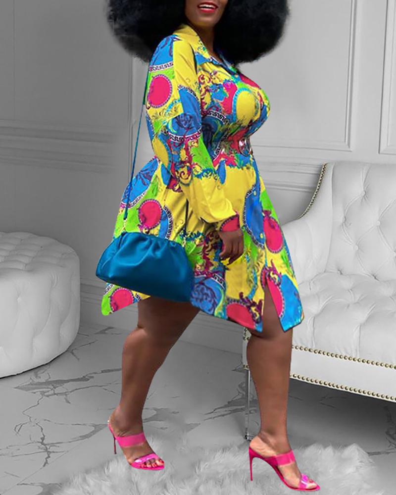

Plus Size Scarf Print Buttoned Shirt Dress, Multicolor