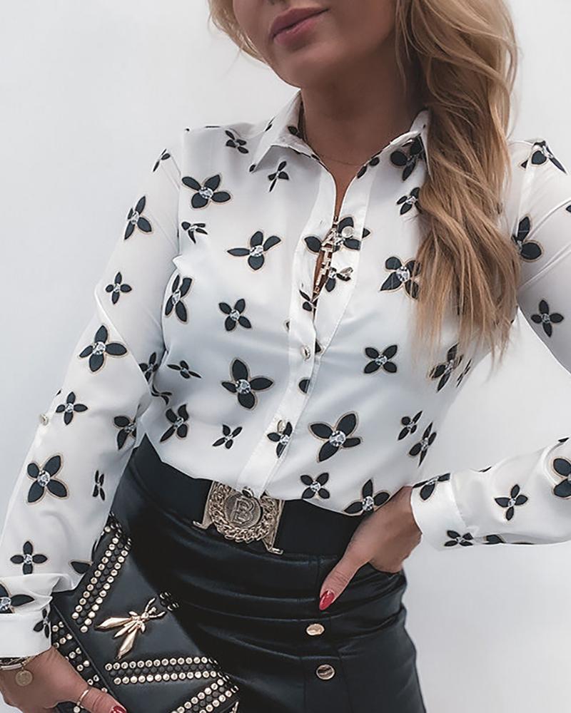 

All Over Print Long Sleeve Button Front Shirt, White