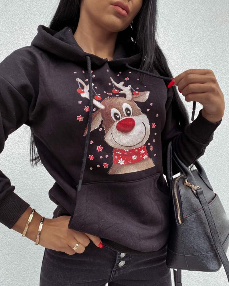 

Christmas Moose Print Long Sleeve Hoodie, Black