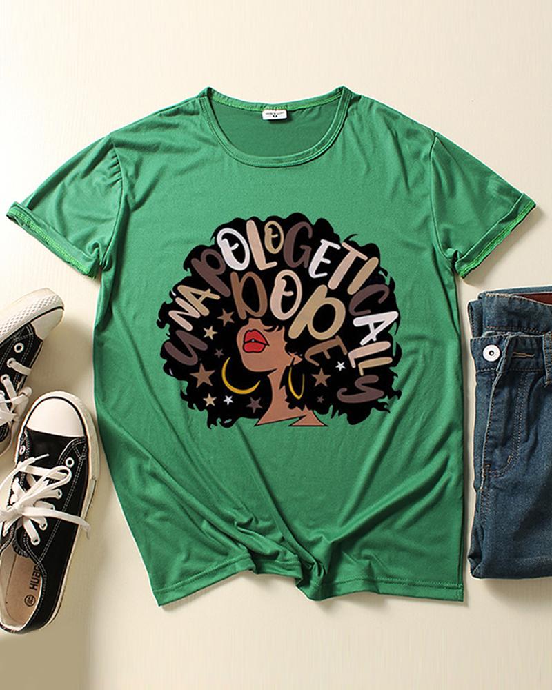 

Figure Letter Print Round Neck T-shirt, Green