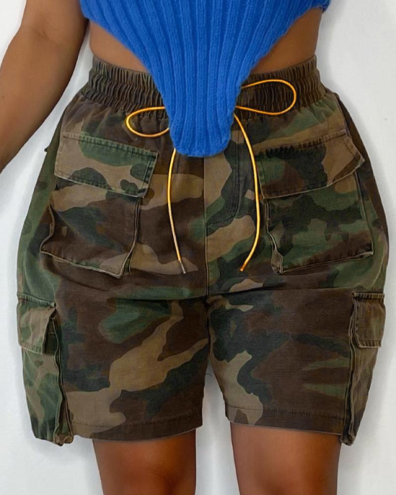 

Camouflage Print Drawstring Pocket Decor Cargo Shorts, Camoflage