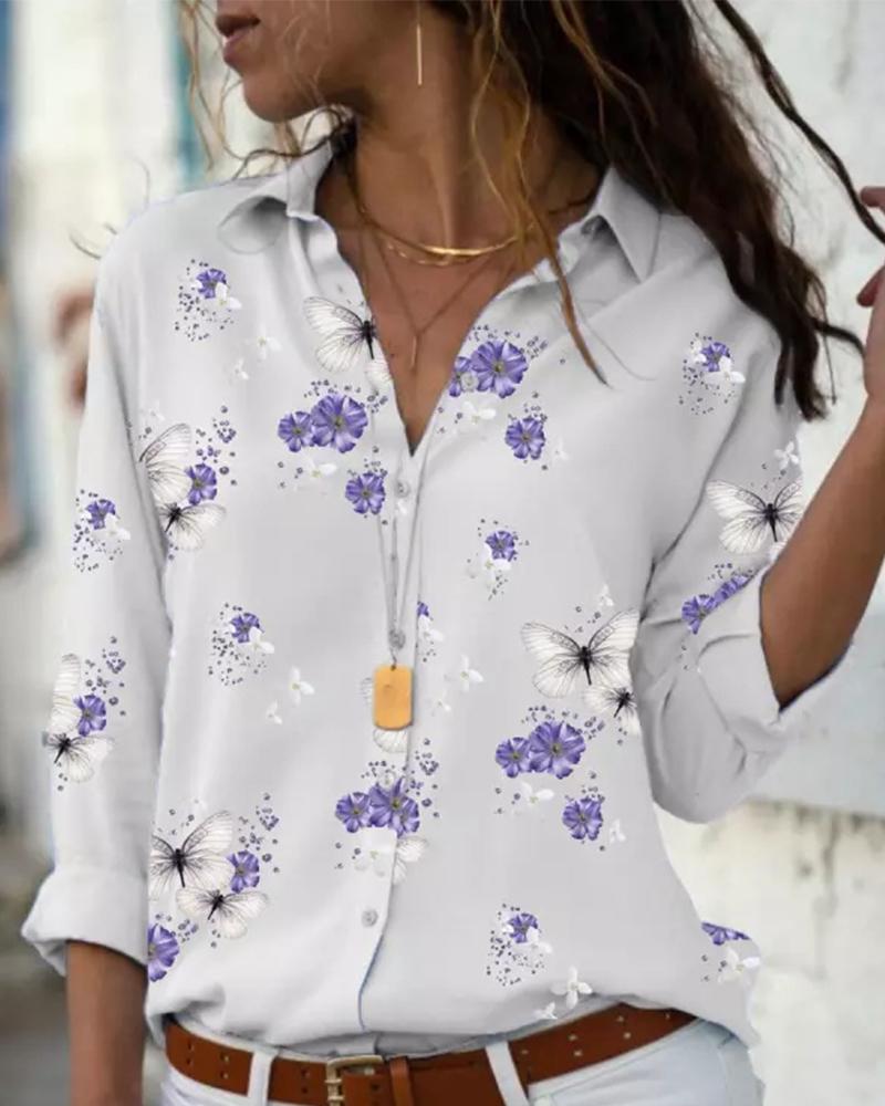 

Butterfly Floral Print Long Sleeve Shirt, White