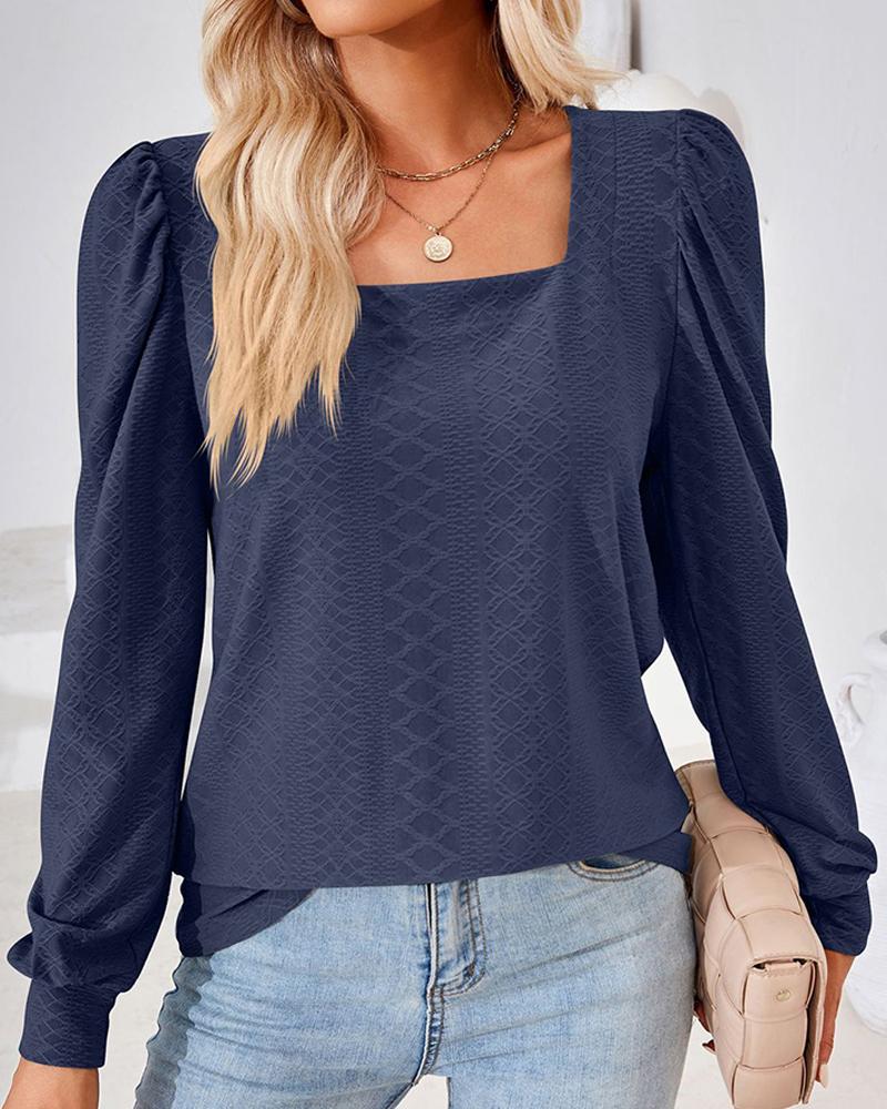 

Square Neck Puff Sleeve Ruched Textured Top, Purplish blue