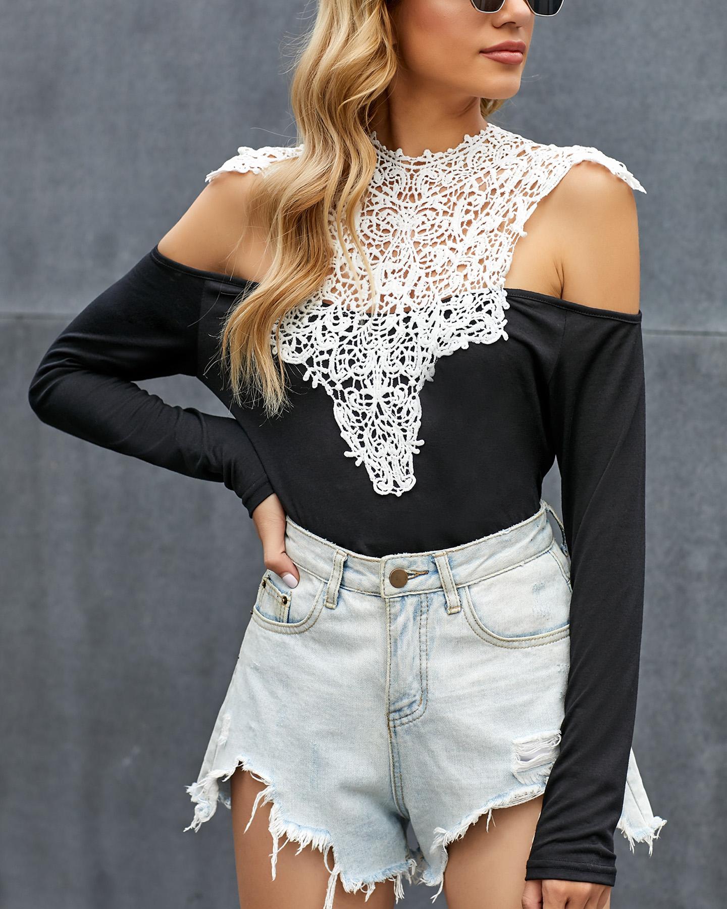 

Appliqued Lace Cold Shoulder Blouse, Black