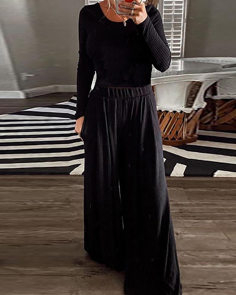 

Long Sleeve Crop Top & Pocket Design Wide Leg Pants Set, Black