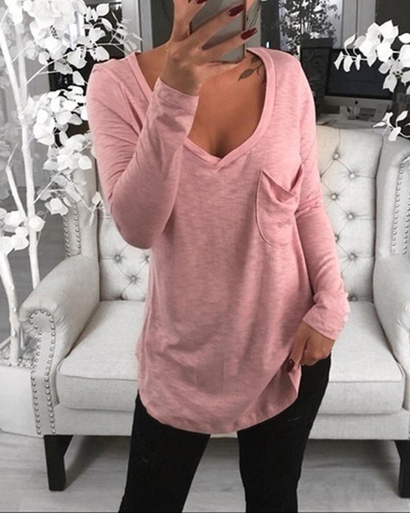 

Plus Size Pocket Detail Long Sleeve Top, Pink