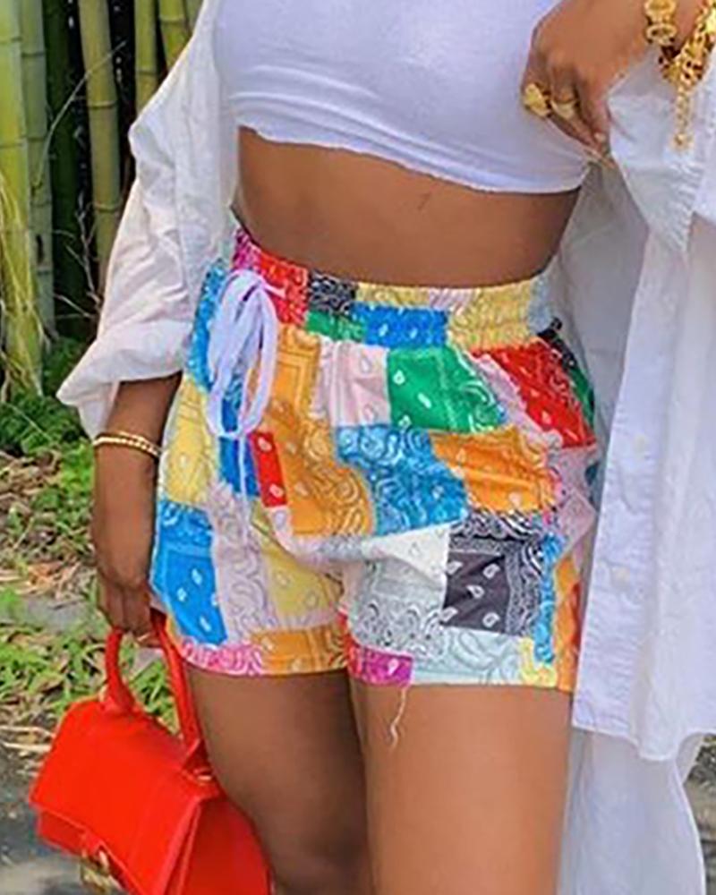 

Paisley Print Colorblock Drawstring High Waisted Shorts, Yellow