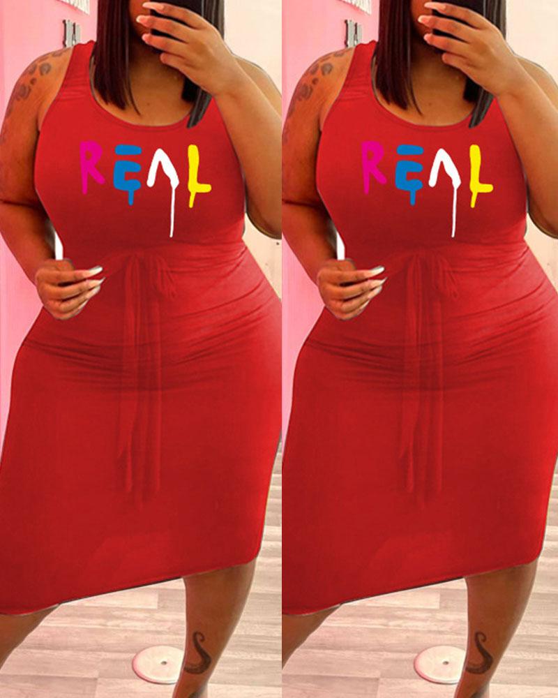 

Plus Size Letter Print Tied Detail Casual Tank Dress, Red