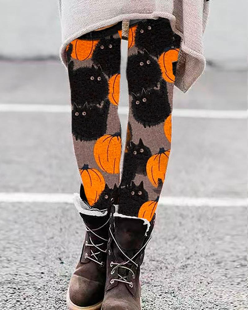 

Halloween Cartoon Cat Pumpkin Print Skinny Leggings, Orange