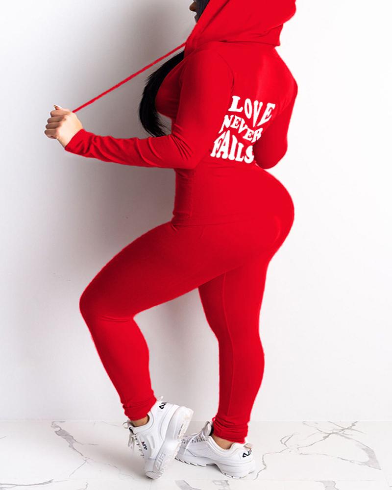 

Plus Size Letter Print Long Sleeve Casual Top & Pants Set, Red