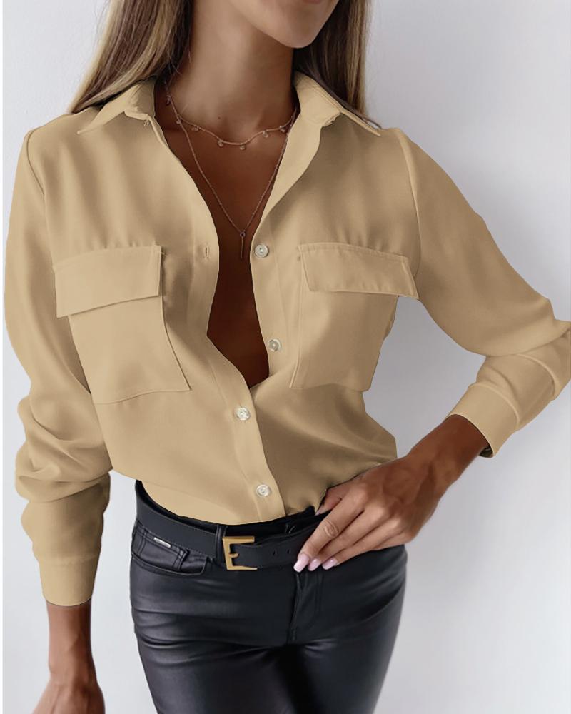 

Long Sleeve Buttoned Pocket Design Top, Khaki
