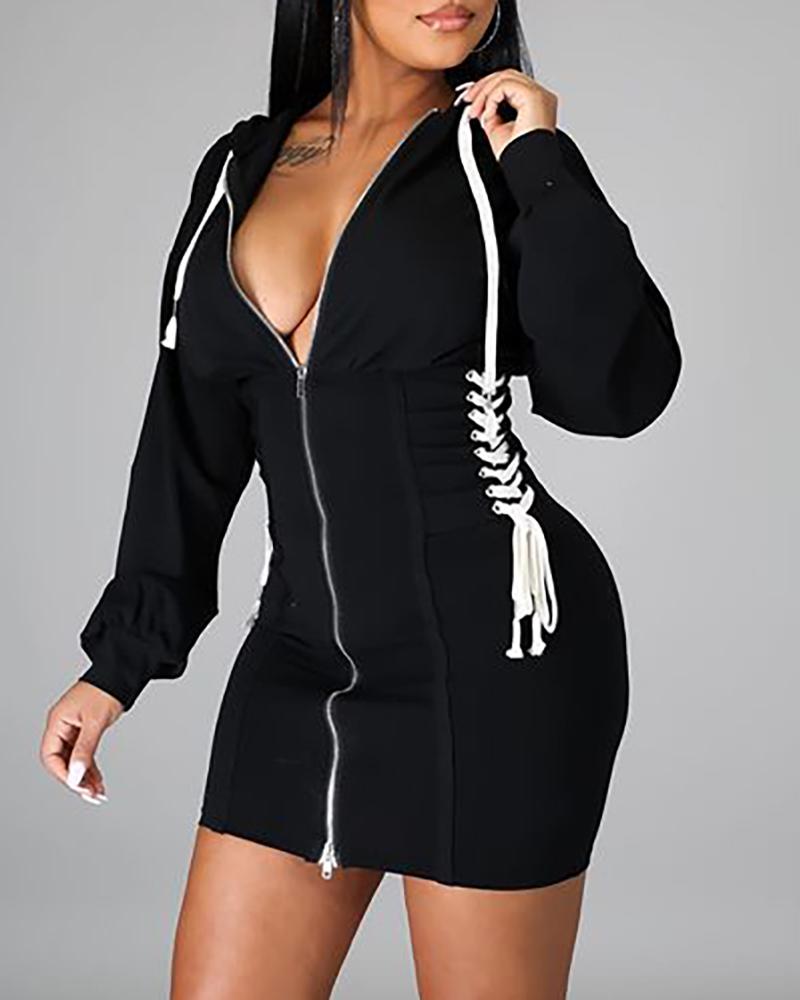 

Eyelet Lace Up Zipper Design Bodycon Dress, Black
