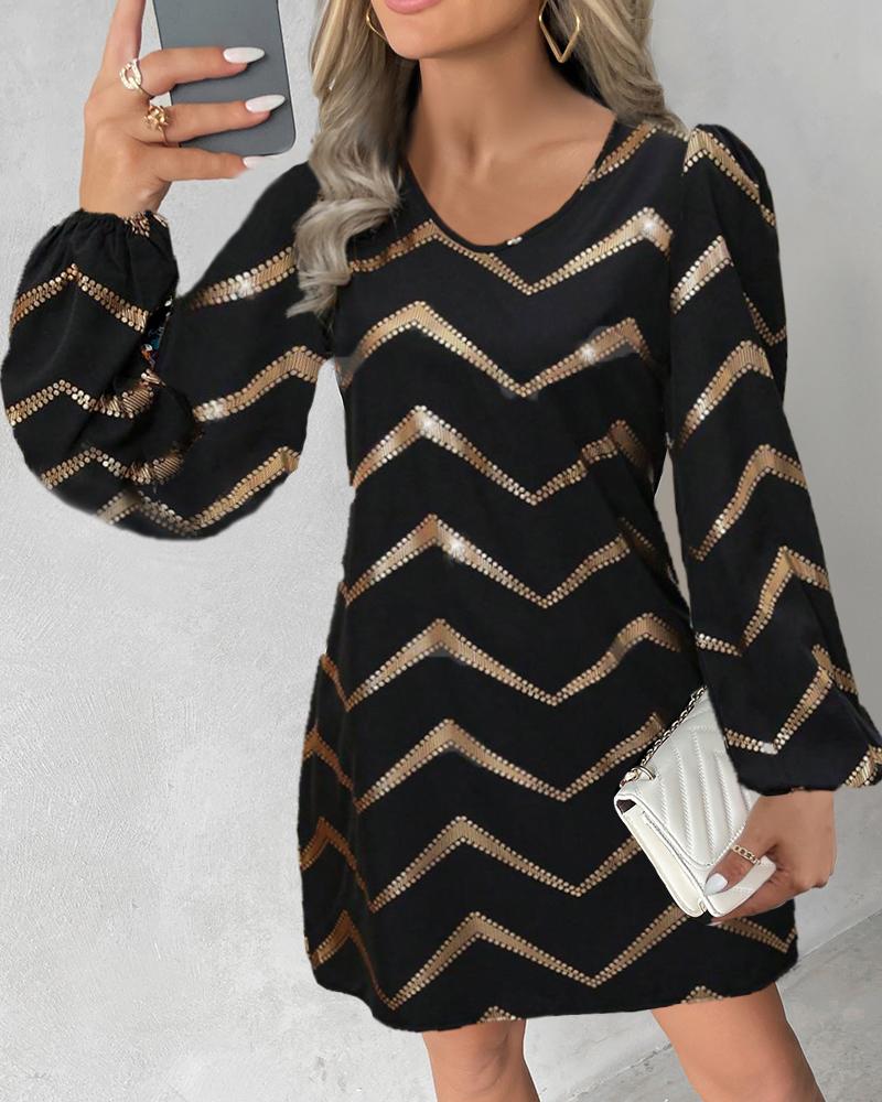 

Colorblock Bronzing Chevron Print Casual Dress, Black