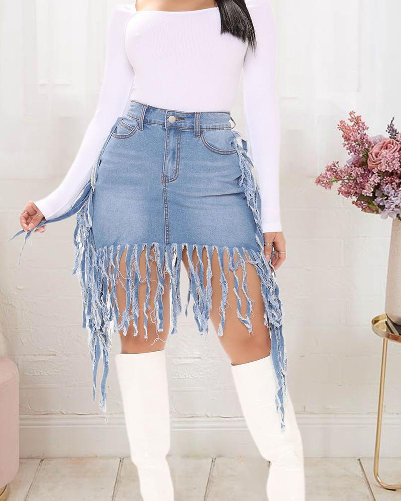 

Zipper Fly Fringe Trim Denim Skirt, Lighted blue