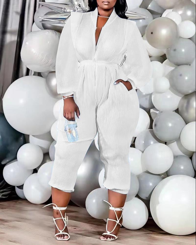

Long Sleeve Zipper Pocket Design Jumpsuit, White