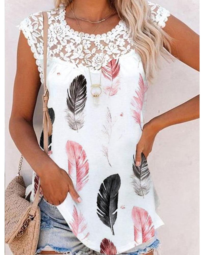 

Feather Print Contrast Lace Tank Top, White