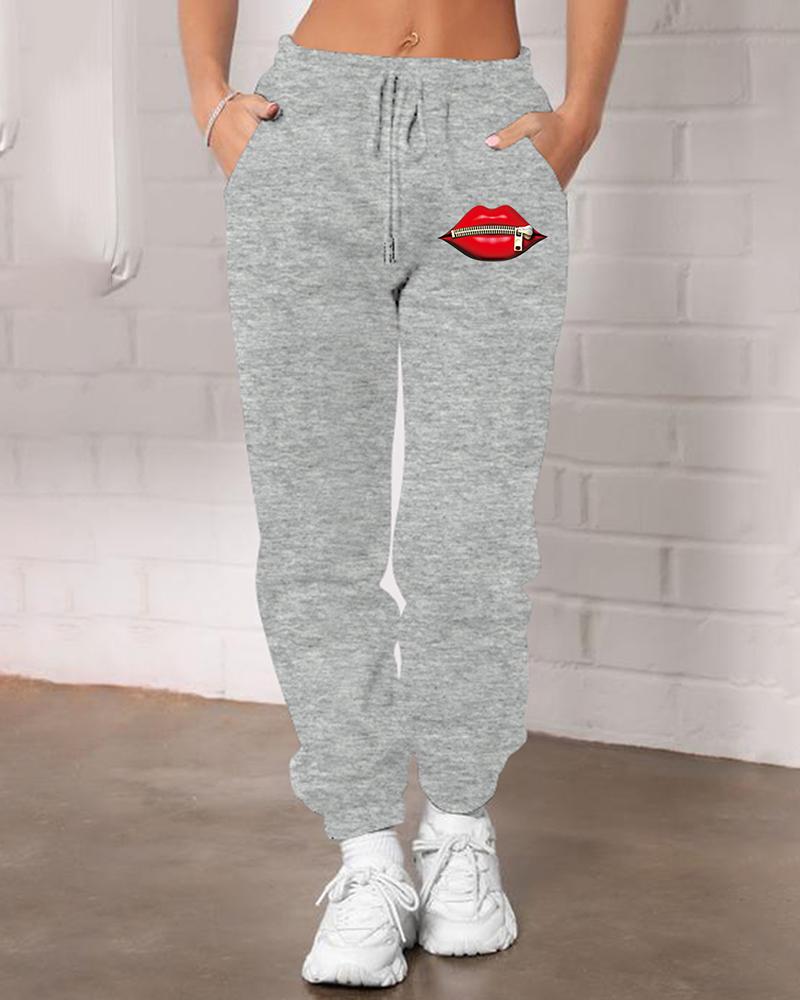

Pocket Design Lip Print Drawstring Sweatpants, Gray
