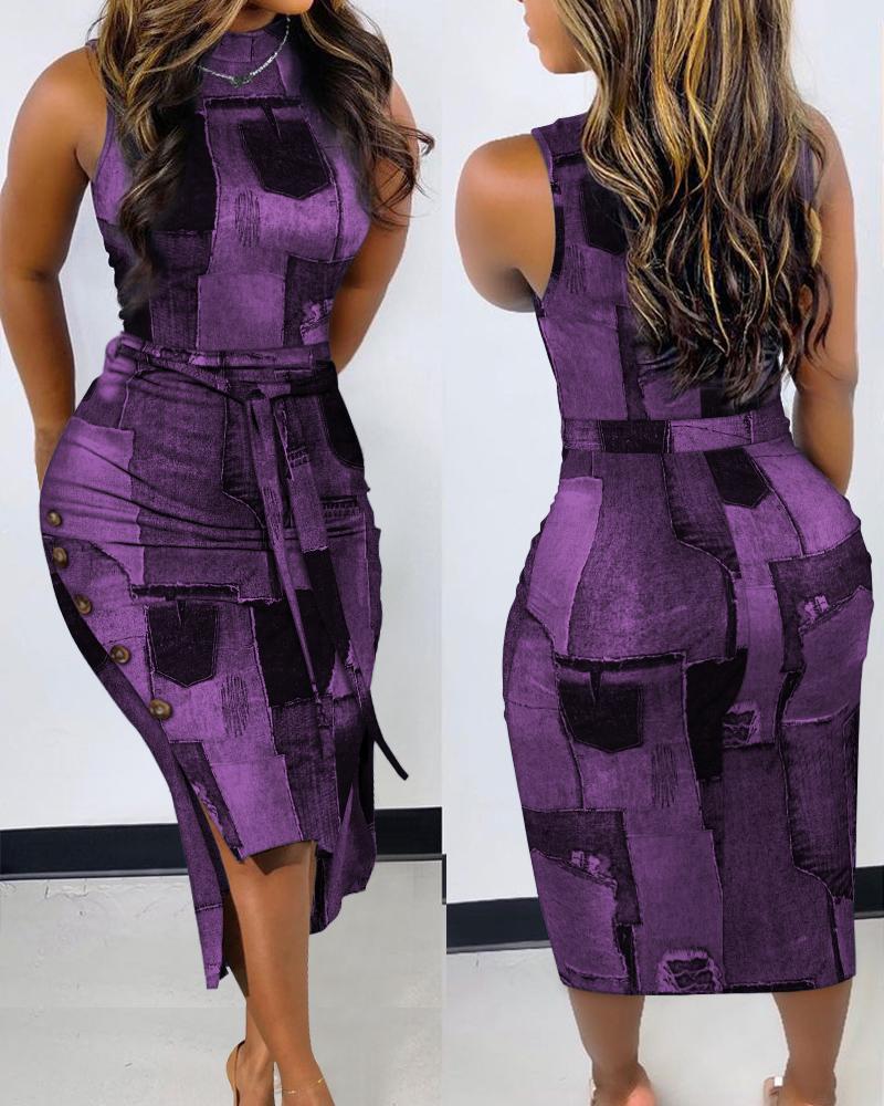 

Denim Look Print Sleeveless Bodycon Dress, Purple